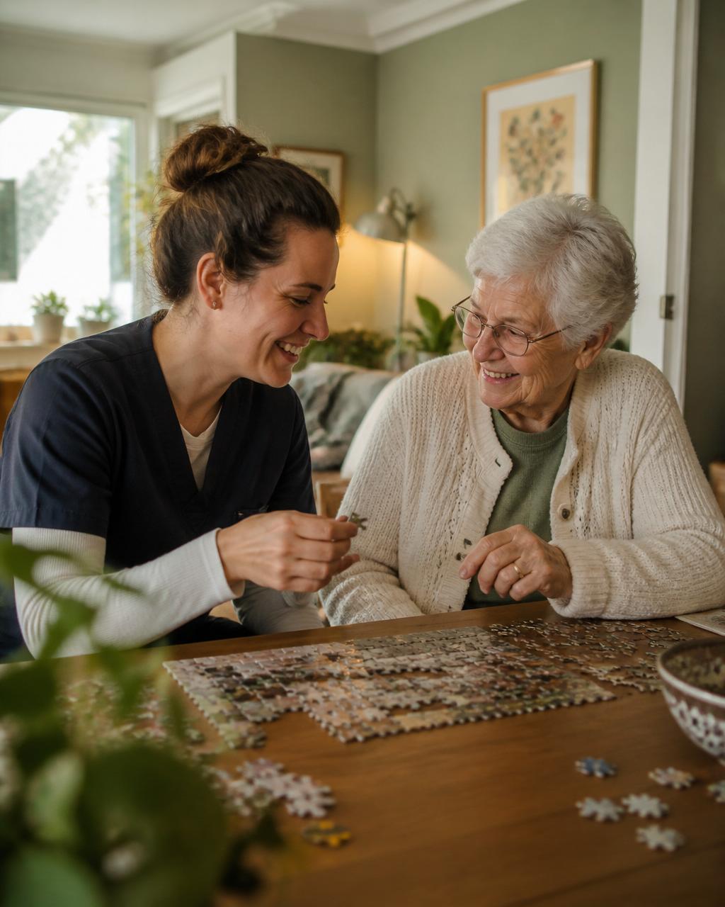 An in-home caregiver and an elderly woman working together on a jigsaw puzzle at a sunlit kitchen table.